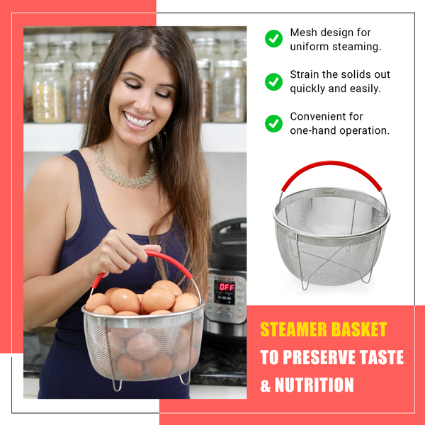 The Original Salbree 6qt Instant Pot Steamer Basket Accessories Stainless Steel Strainer and Insert fits IP Insta Pot Instapot 6qt 8qt Other Pressure Cookers and Pots Red Premium Silicone Handle salbr...