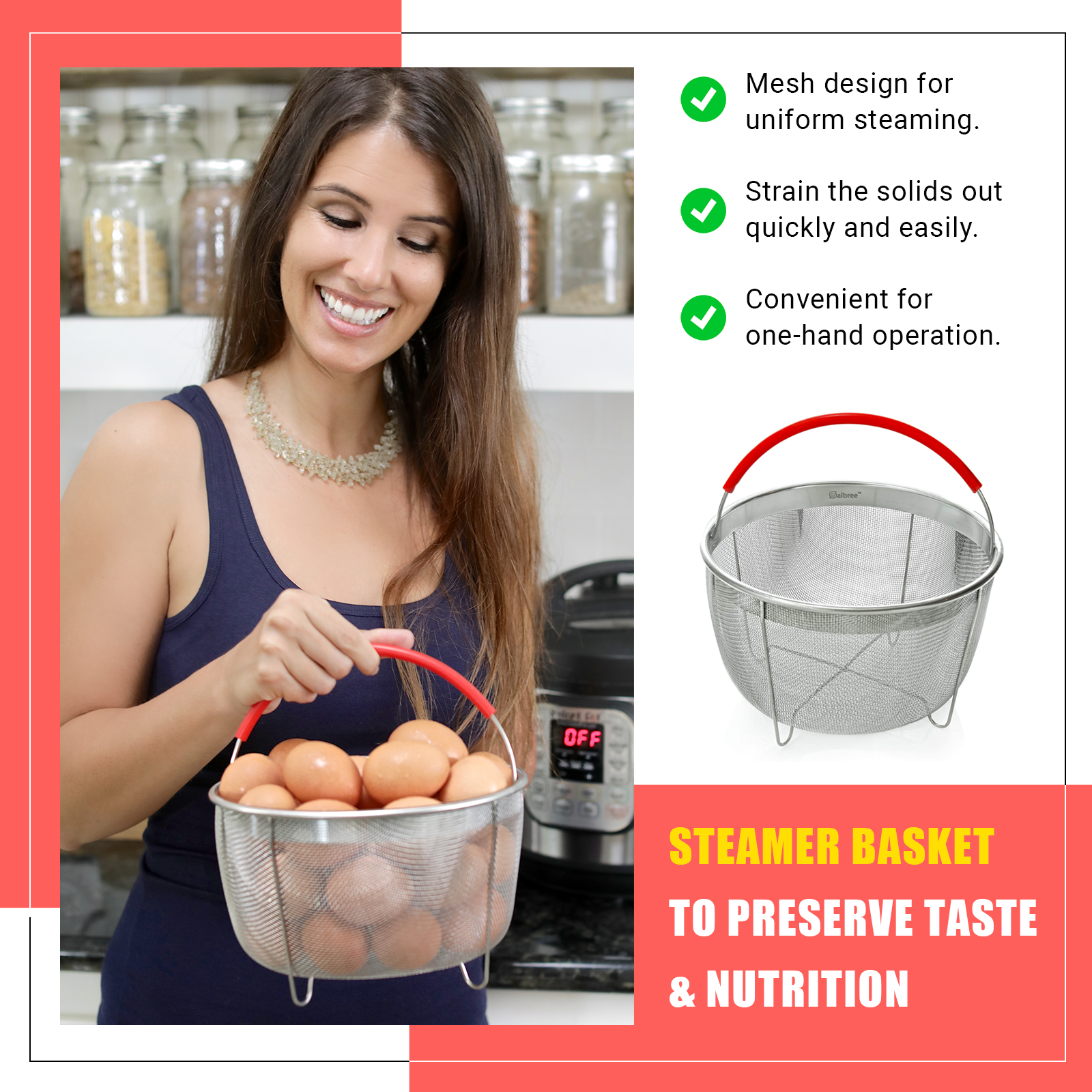 The Original Salbree 3qt Instant Pot Steamer Basket Accessories, Stainless  Steel Strainer and Insert fits IP Insta Pot, Instapot 3qt, Other Pressure  Cookers and Pots, Red Premium Silicone Handle 