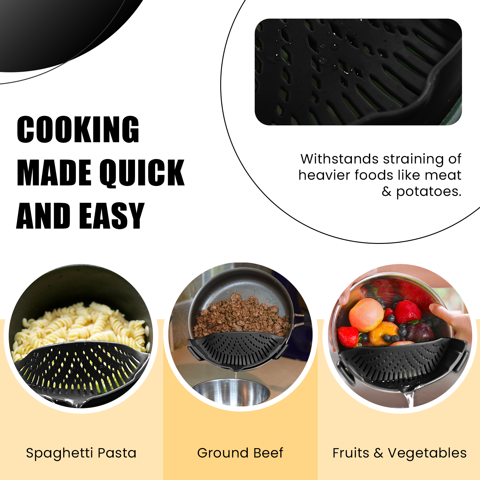 Salbree Silicone Clip N Strain, Vegetable and Ground Beef Grease Strainer  for Instant Pot - Black 6 Qt